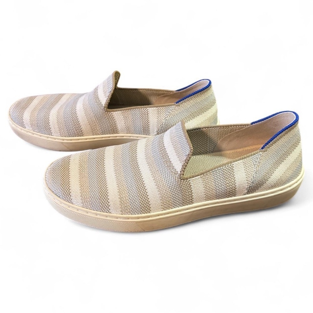Rothy’s Slip On Sneakers Women’s 8 Taupe Beige Gray Stripe Knit Flats Shoes - Picture 2 of 7
